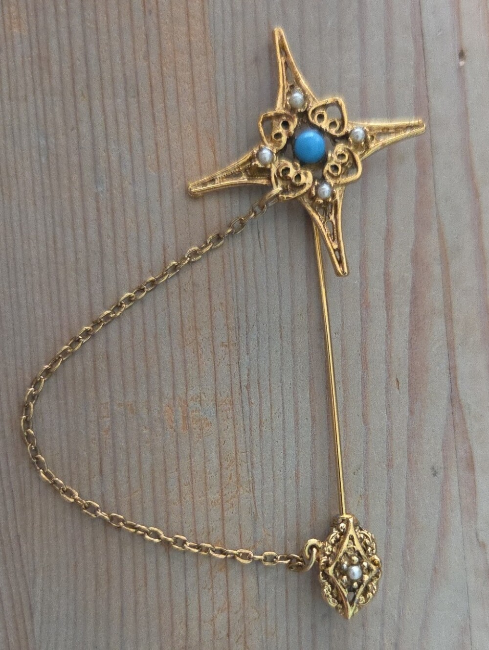 Gold Star Floral Stick Pin with Turquoise Accent - Women Jewelry
